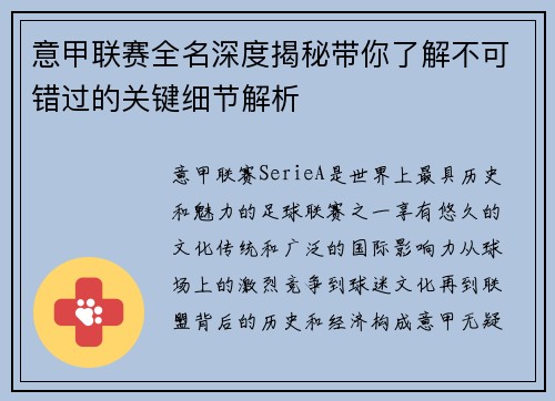 意甲联赛全名深度揭秘带你了解不可错过的关键细节解析