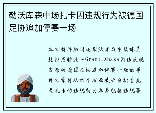 勒沃库森中场扎卡因违规行为被德国足协追加停赛一场
